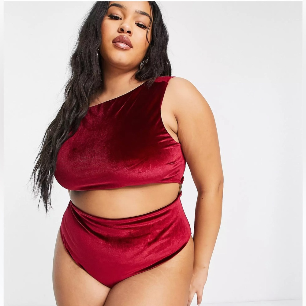 ASOS DESIGN Curve ring side swimsuit in red velvet